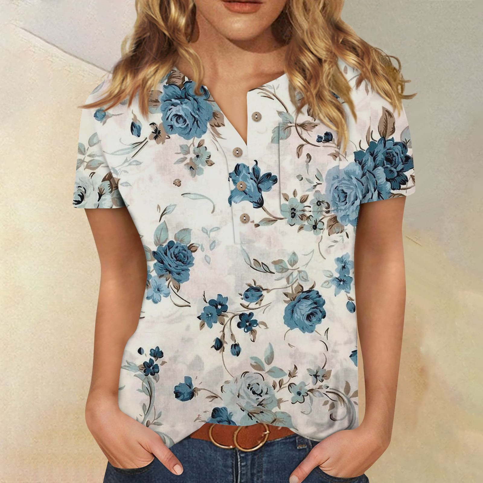 WEANT Skims Dupe Top, Womens Basic TShirts Button Neck Floral Short Sleeve Crop Tops Cute