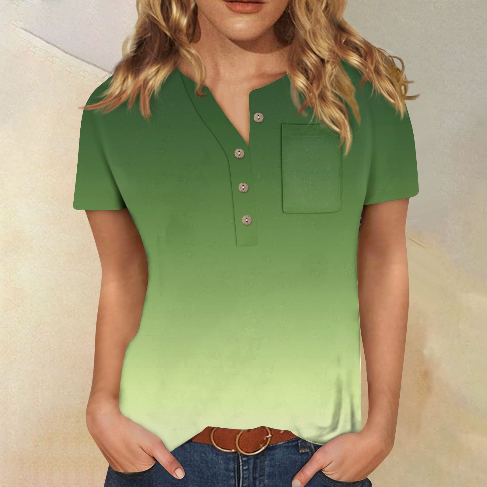 WEANT Skims Dupe Top, Womens Basic TShirts Button Neck Gradient Print Short Sleeve Crop Tops