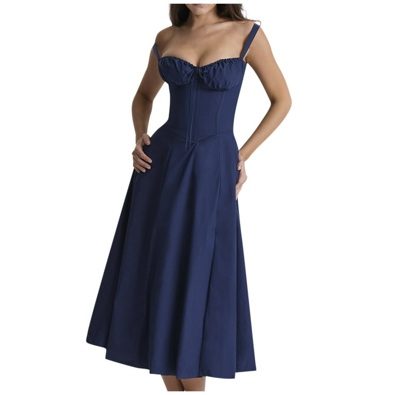 WEANT Solid color Bustier Midriff Waist Shaper Dress Print Bustier Sundress Sundresses for Women Slit Long Printed Dress Navy XL