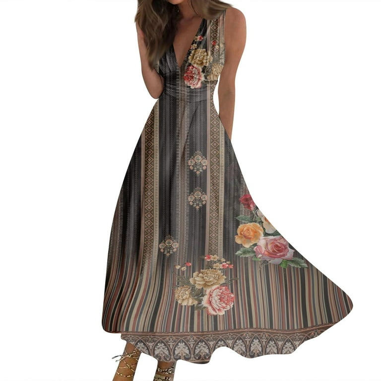 WEANT Spring Outfits for Women 2024 Evening Dresses for Women Hawaiian Dresses for Women Women s Vintage Dress Sleeveless V Neck Party Print