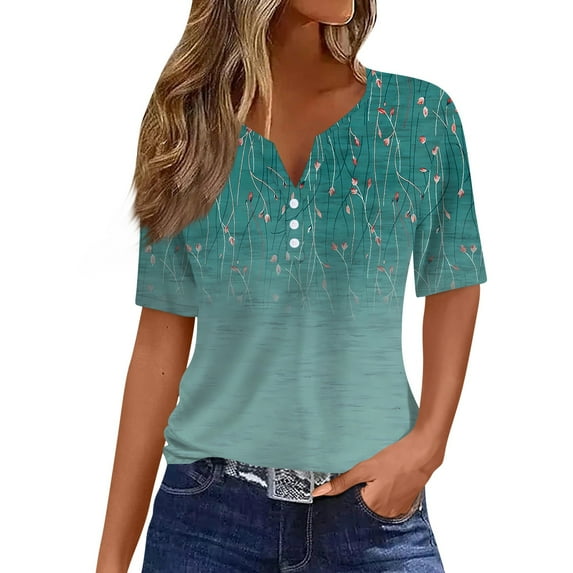 WEANT Women's Spring Going Out Tops Button Down Neck Blouses for Women Casual Short Sleeve Graphic Print Shirts for Women Clothes for Women 2024 Blue XL