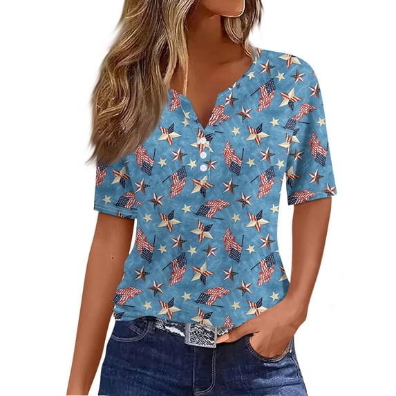 WEANT Womens Tops Summer 4th Of July Casual Independence Day Button Down V Neck Short Sleeve Blouses for Women Trendy Shirts Pretty Usa Celebration Outfits for Women Light Blue M