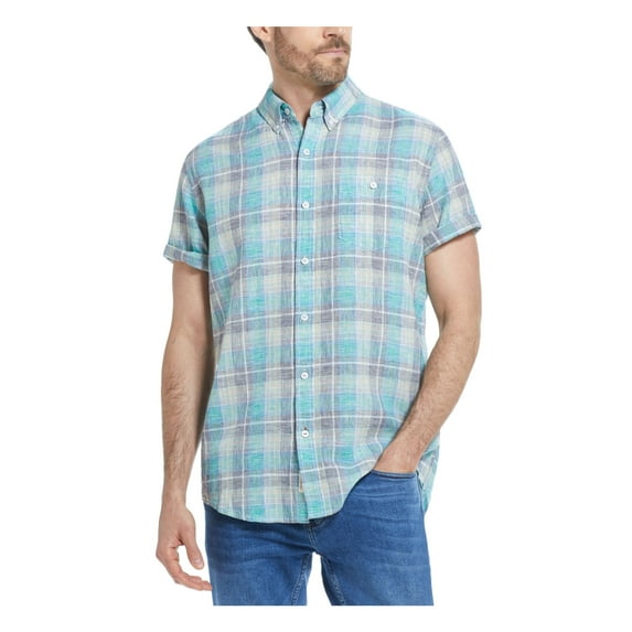 WEATHERPROOF VINTAGE Mens Aqua Plaid Short Sleeve Collared Shirt L