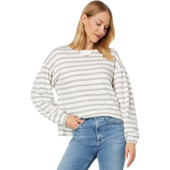 WEATHERPROOF VINTAGE Womens White Striped Balloon Sleeve Crew Neck Top L