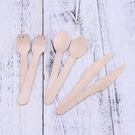 WEAVILUX 150-Piece Disposable Wood Cutlery Set in Beige for Safe Dining and Serving, Dinner Utensils