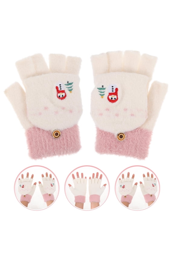 1Pair White Winter Warm Gloves Knitted Design Half Finger for Comfort and Style