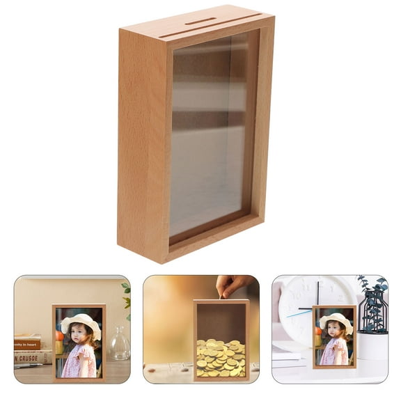 Wooden Bank Money Jar Saving Box with Shadow Photo Frame for Adults Travel Vacation Wedding Fund