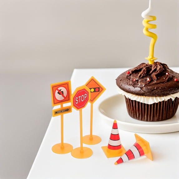 WEAVILUX 25pcs Construction Birthday Party Cupcake Picks with Road Sign Decorations, Plastic Craft Supplies for Kids