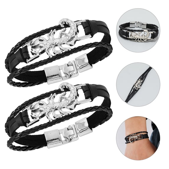 WEAVILUX Mens Cuff Bracelet Punk Metal Black 2Pcs