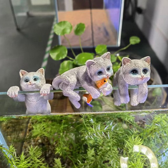 WEAVILUX 3Pcs Aquarium Decoration Resin Cat Figurines Light Grey Small Animal Model Ornament