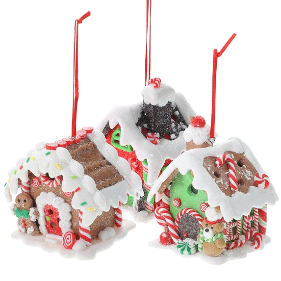 WEAVILUX 3Pcs Resin House Pendants Glowing Cabins Decorative Xmas Tree Desk Ornaments