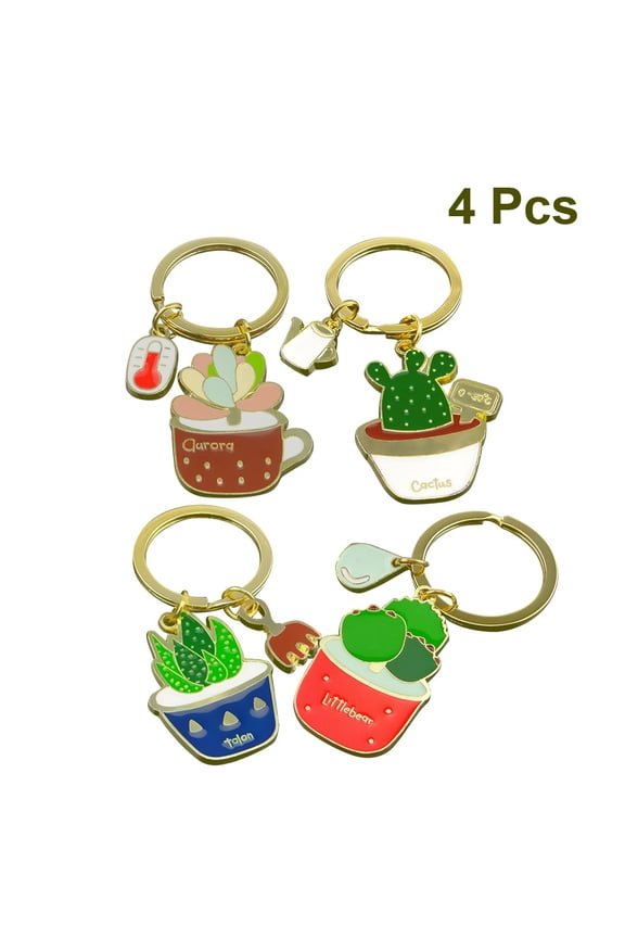 4PCS Adorable Cactus Keychains Stainless Steel Key Holders Cute Pendant Bag Charms for Women Hanging Decor