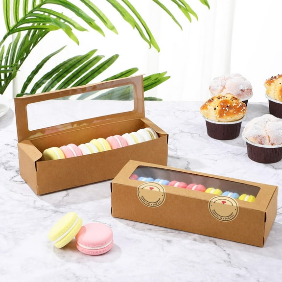 WEAVILUX 50Pcs Kraft Macaron Boxes with Clear Window and Stickers for Home Baking and Dessert Storage