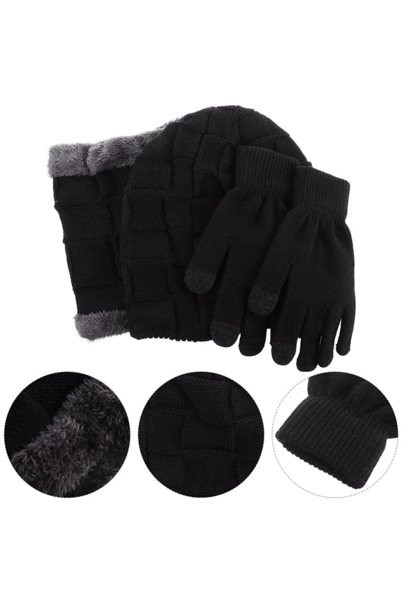 Beanie Scarf and Gloves Set Wool Winter Hat for Men's Black Warm Gift with Durable Craft 1 Set 11.81x8.27x3.94