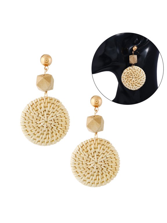 Beige Round Tassel Earrings Lightweight Boho Rattan Weaving Ethnic Style Fashion Jewelry for Women