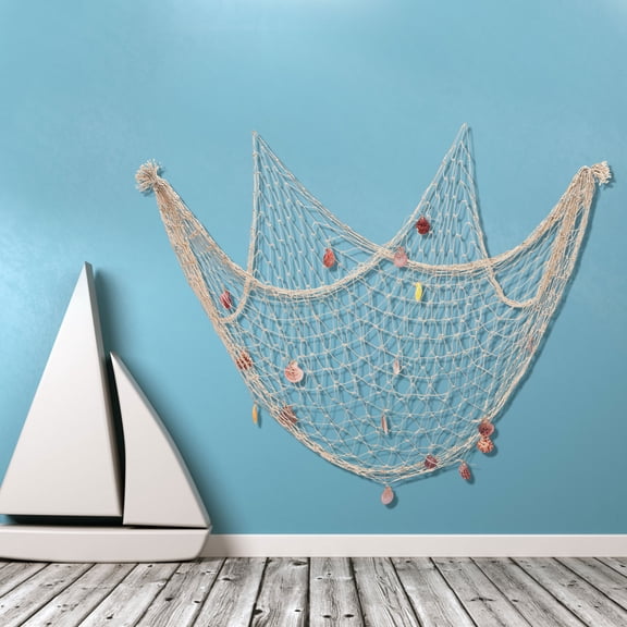 WEAVILUX Khaki Cotton Rope Fishing Net Wall Hanging Decor with Shell Accents for Nautical Theme Bedroom or Party Decoration