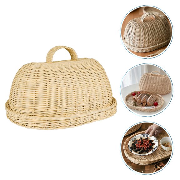 WEAVILUX Rattan Food Cover Dome, Khaki Kitchen Basket Cover for Tabletop Food and Display