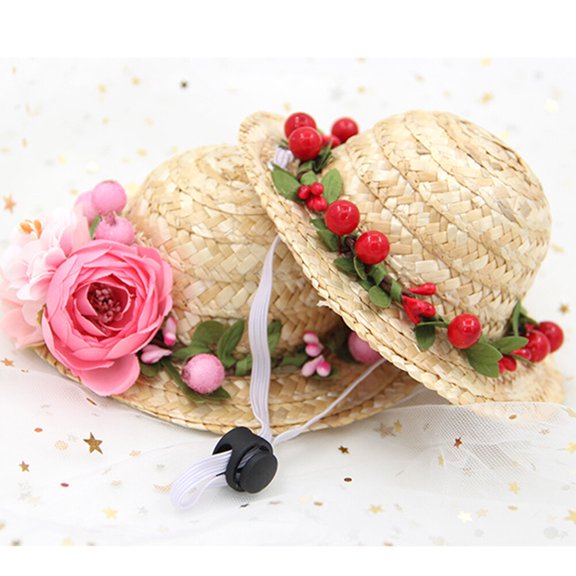WEAVILUX Red Straw Woven Pet Hat for Dogs and Cats Comfortable Flower Design Ideal for Parties and Size S