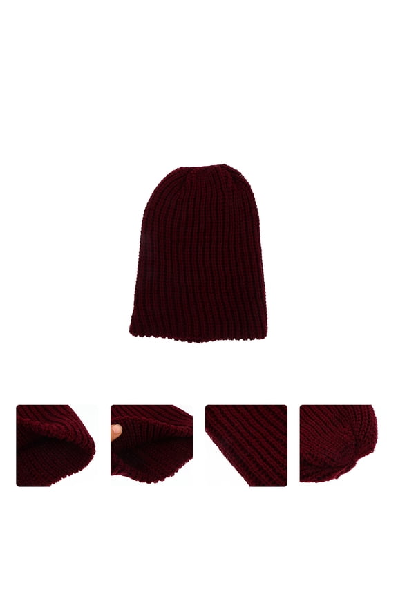 Dark Red Knitted Wool Beanie Hat Soft Warm Comfortable Winter Cap for Fall and Cold Weather