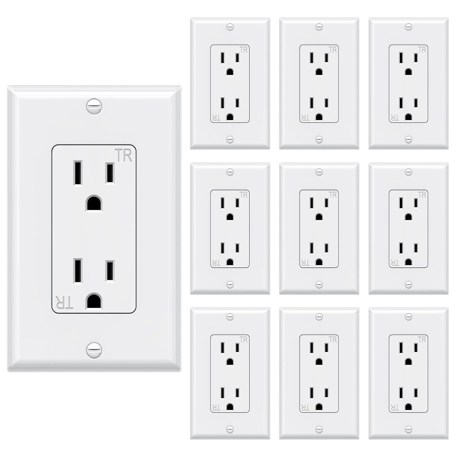WEBANG Decorator Electrical Wall Outlet White, Tamper-Resistant Duplex Receptacle, Residential Grade, 3-Wire, Self-Grounding, 2-Pole, 15A 125V, ETL Listed, 10 Wall Plates Included