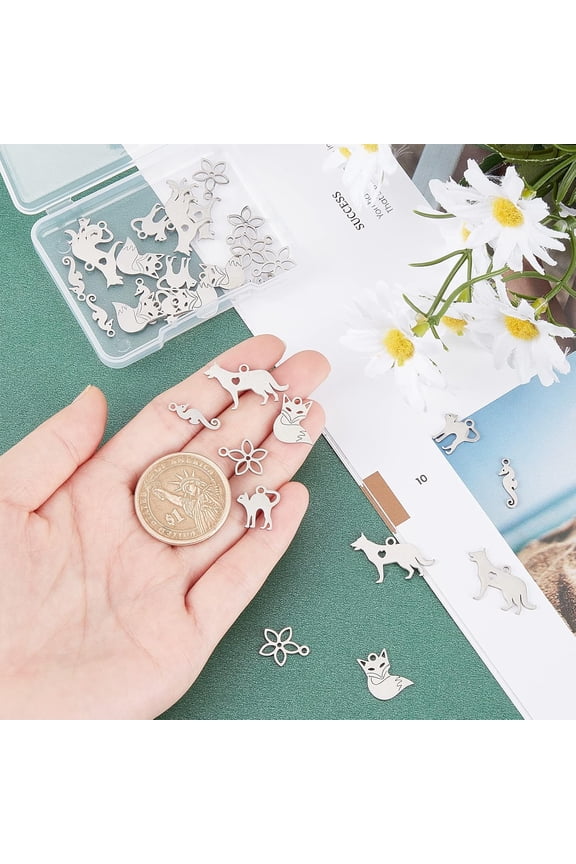 30Pcs 5 Style 304 Stainless Steel Charms Mixed Shapes Stainless Steel Color 6pcs/style
