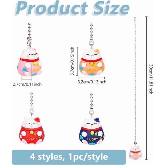 WEBEEDY 4Pcs 4 Colors PVC Cartoon Lucky Cat Doll Charms Ceiling Fan Pull Chain Extenders with Iron Ball Chain Mixed Color 300mm 1pc/color