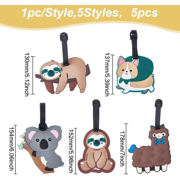 WEBEEDY 5Pcs 5 Style Koala Sloth Dog PVC Luggage Tag Travel ID Labels Suitcase Name Tags Mixed Color 130~178mm 1pc/style