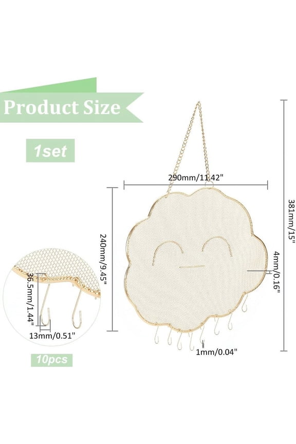 Iron Cloud Wall-Mounted Grid Jewelry Display Hanging Rack Wall Decorative Mesh Jewelry Hanger for Earrings Necklaces Rings Display with 10Pcs Hooks Golden 38.1cm Cloud: 240x290x4mm