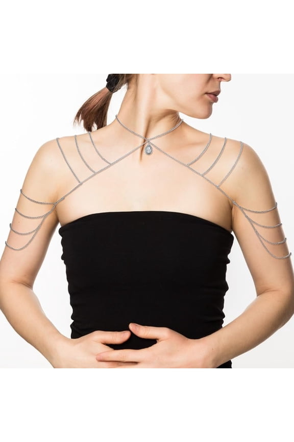 Layered Zinc Alloy Chain Tassel Shoulder Chains Rhinestone Teardrop Charms Shoulder Harness Body Jewelry Platinum 456mm