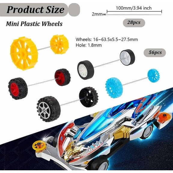 WEBEEDY Plastic Toy Wheels with Rubber Findings and Iron Toy Car Axle Mixed Color Wheels: 16~63.5x5.5~27.5mm Hole: 1.8mm 56pcs Axle: 100x2mm 28pcs