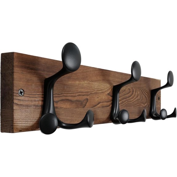 WEBI Coat Rack Wall Mount,17" Solid Wood Coat Hooks Wall Mounted Coat Hanger,16" Hole to Hole,Heavy Duty Hook Rack,3 Triple Hooks for Hanging Coats,Jacket,Hat,Backpack,Farmhouse,Brown