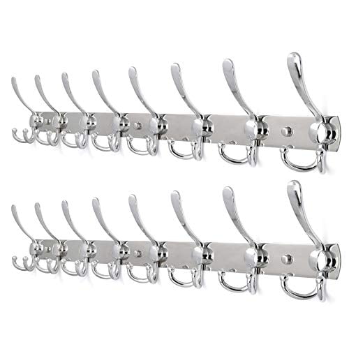 WEBI Coat Rack Wall Mounted Long,8 Tri Hooks for Hanging,30 inch Hook Rack,Hook Rail,Coat Hanger Wall Mount for Clothes,Jacket,Hats,Towel,Chrome,2 Packs