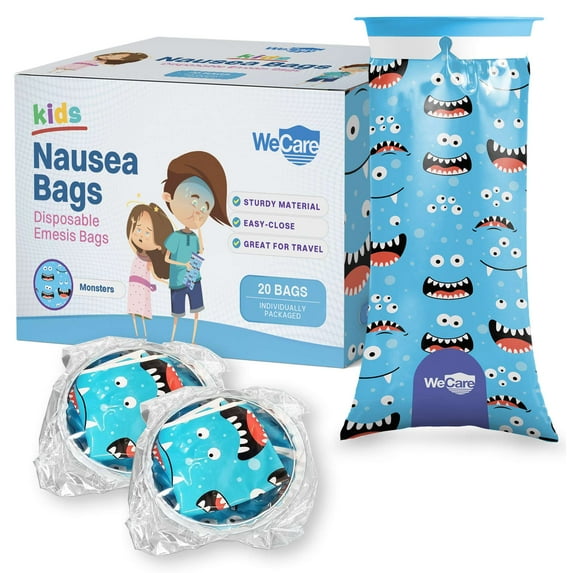 WECARE Kids Vomit Bags Disposable 20pk - Individually Wrapped Barf Bags with Cute Design - Self Sealing Emesis Bags