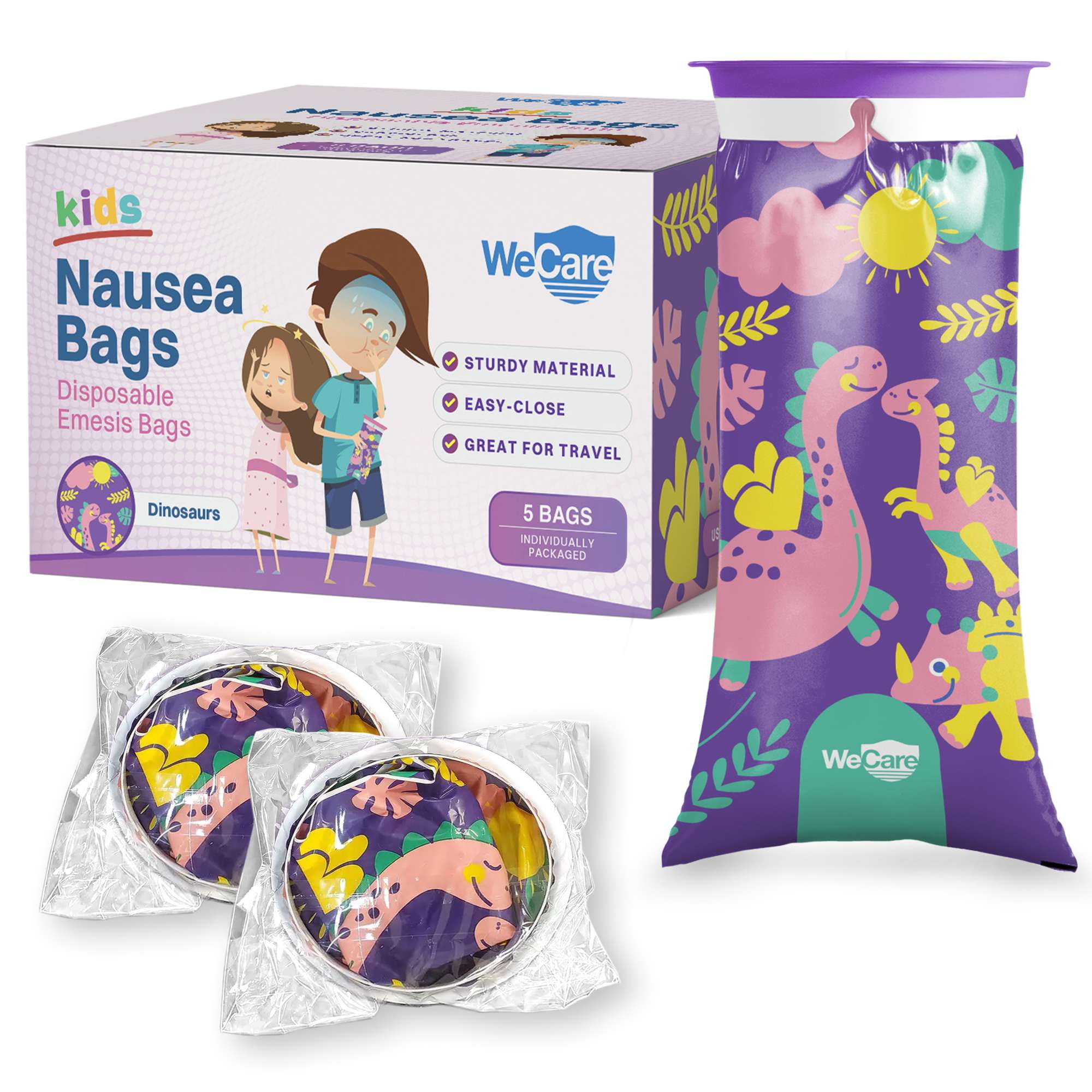 WeCare Kids 5pk Disposable Barf Bags Cute Designs, SelfSealing