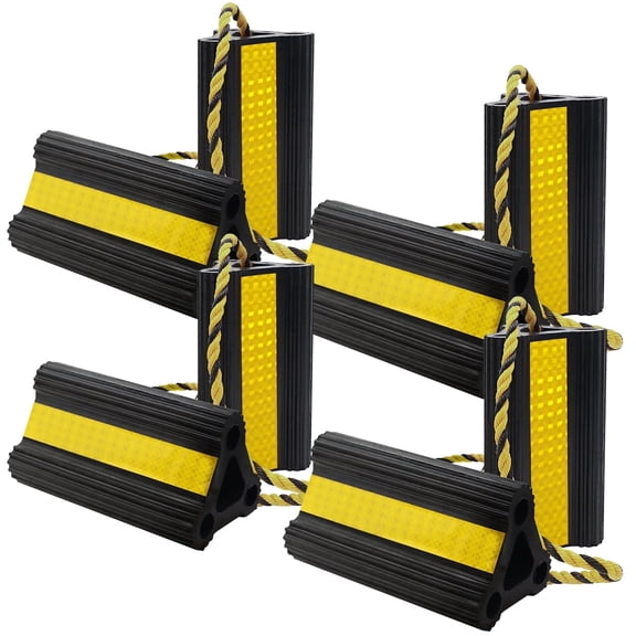 WECARLLE 4 Pair (8 Pack) Heavy Duty Rubber Wheel Chocks for RV Trailer Camper Trucks and Aircraft, with Rope and 3 Reflective Strips, Tire Immobilizers