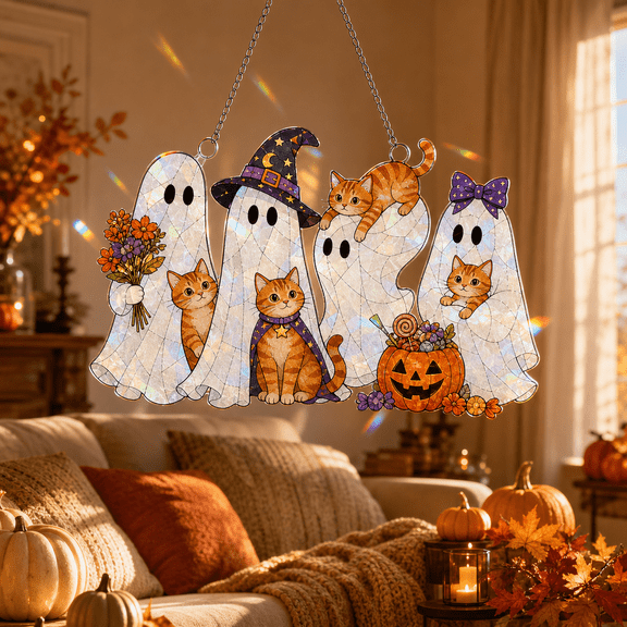 WECAT INDUSTRIES Halloween Orange Tabby Cat Acrylic Suncatcher, Window Decor