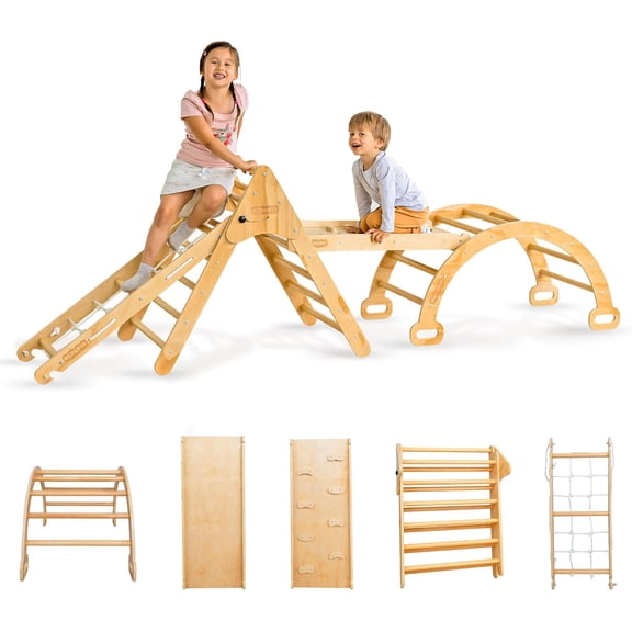 WEDANTA Foldable Climbing Toys Toddlers 4 in 1 - Pikler Triangle Climber Ramp Arch - Wooden Toddler Set 3 in 1 - Montessori Set - Pickler 3 Piece Gym for Kid