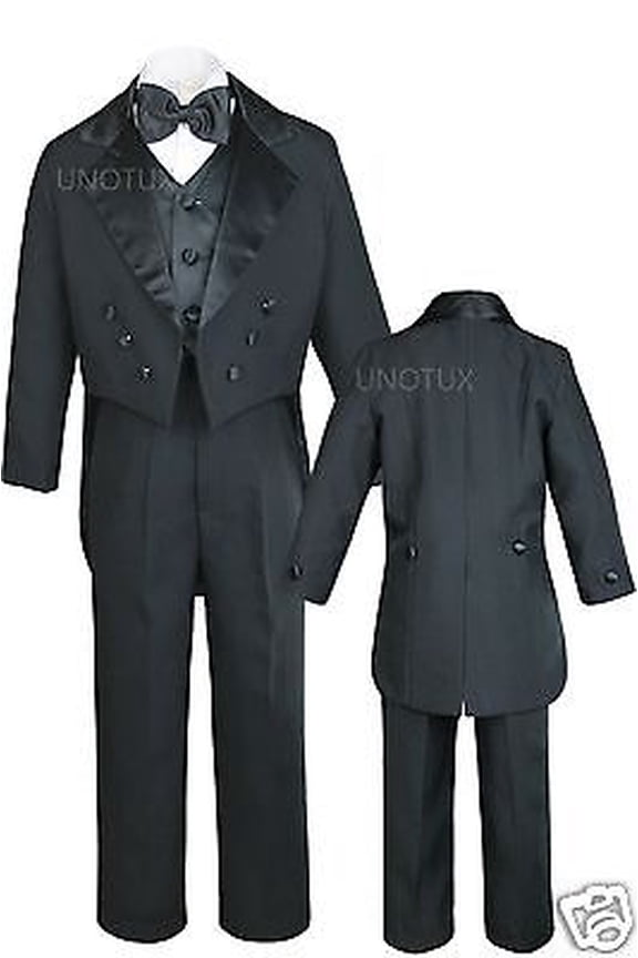 WEDDING FORMAL BLACK 5 PC TAIL TUXEDO SUIT Baby INFANT TODDLER Kid Teen BOY S-18