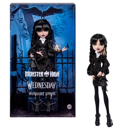 Monster High x Wednesday Collectible Doll, Wednesday Addams in Black Dress with Thing Accessory