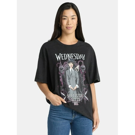 Wednesday Addams Women’s Solitude Suits Me Graphic Cotton Tee with Short Sleeves, Sizes XXS-2XL