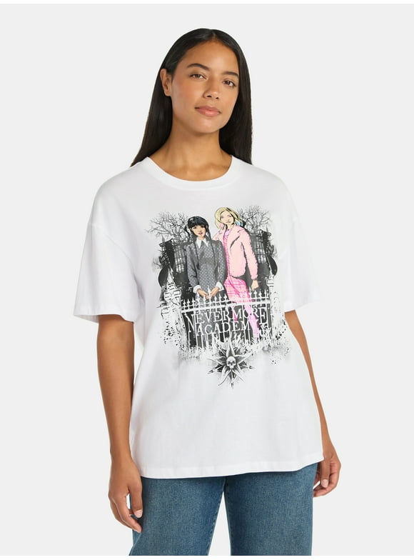 Addams Women’s Nevermore Academy Cotton Graphic Tee with Short Sleeves, Sizes XXS-2XL