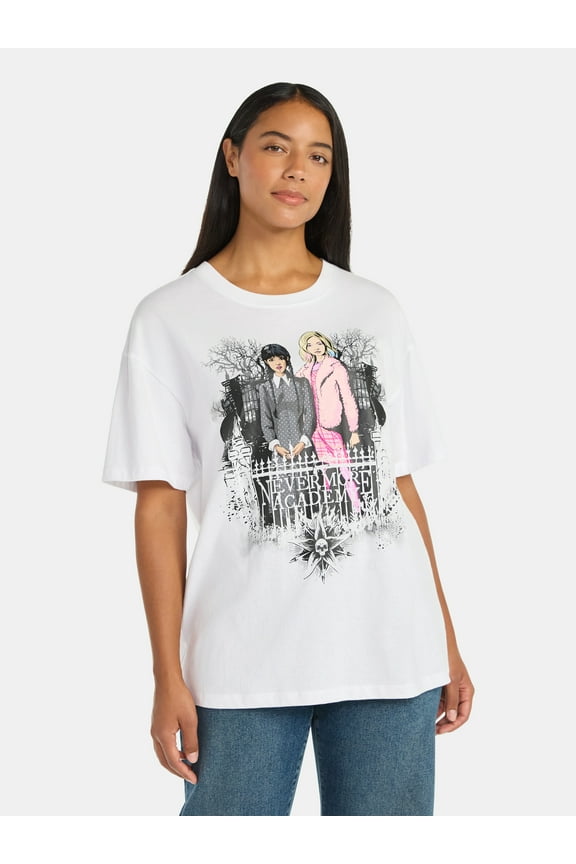 Addams Women’s Nevermore Academy Cotton Graphic Tee with Short Sleeves, Sizes XXS-2XL