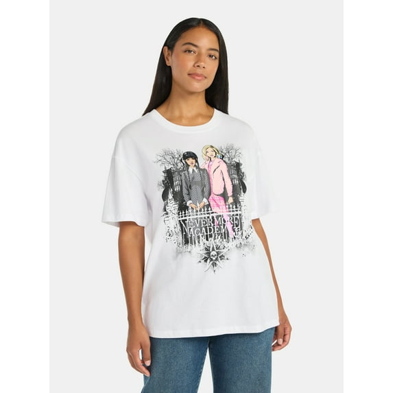 Wednesday Addams Women’s Nevermore Academy Cotton Graphic Tee with Short Sleeves, Sizes XXS-2XL