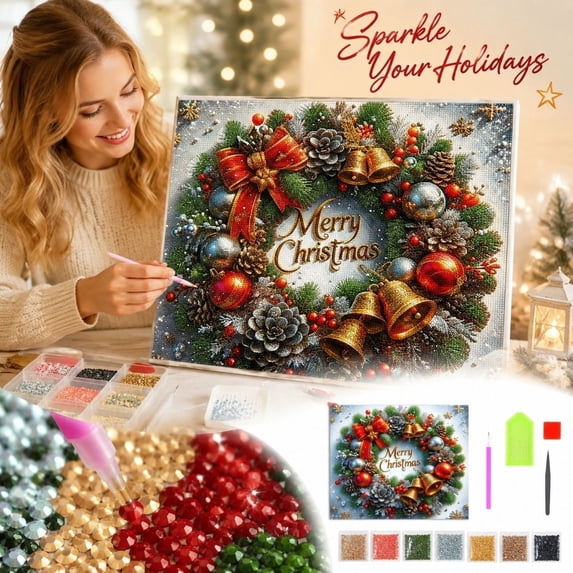 WEEEANT 5D DIY Diamond Painting Kit, Festive Christmas Wreath with Merry Christmas Message, 12x12 in Unframed Holiday Wall Art Decor Sparkling Gem Set