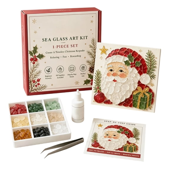 WEEEANT Christmas Sea Glass Art Kit DIY Handcrafted Santa Claus Tabletop Decor with Sea Glass, Glue, and Tools for Festive Holiday Crafting