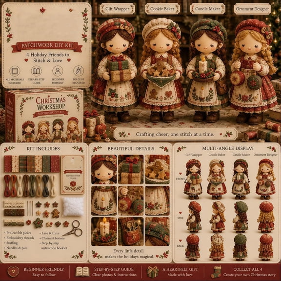 WEEEANT Christmas Workshop Patchwork DIY Kit, Festive Holiday Figure Sewing Set with 4 Workshop Friends, Beginner Friendly Hand-Stitched Crafting Supplies