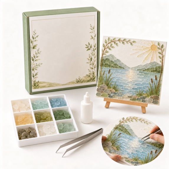 WEEEANT DIY Sea Glass Art Kit Lake and Mountain Landscape Mosaic Craft Set for Adults with Frame and Tools, 6x6 in Desktop Art Decor Nature Series