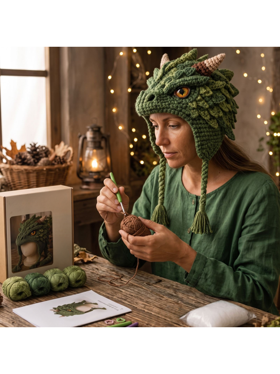 Dragon Crochet Hat DIY Kit, Green Fantasy Beast Knitted Beanie with Horns and Scales, Warm Winter Earflap Hat for Cosplay and Costume Wear