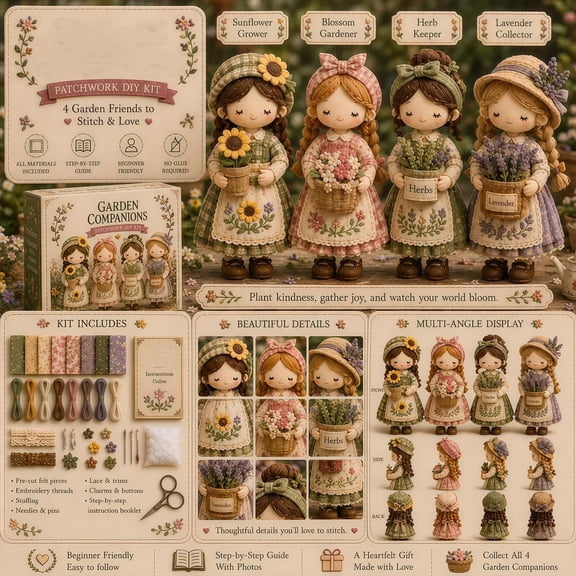 WEEEANT Garden Companions Patchwork DIY Kit, Nature Inspired Figure Sewing Set with 4 Floral Friends, Beginner Hand-Stitched Felt Crafting Kit with Guide