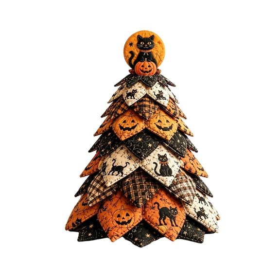 WEEEANT Halloween Patchwork Tree Decor, 12 in Quilted Black Cat and Jack-O-Lantern Tabletop Ornament for Spooky Home Party Decorations and Centerpieces